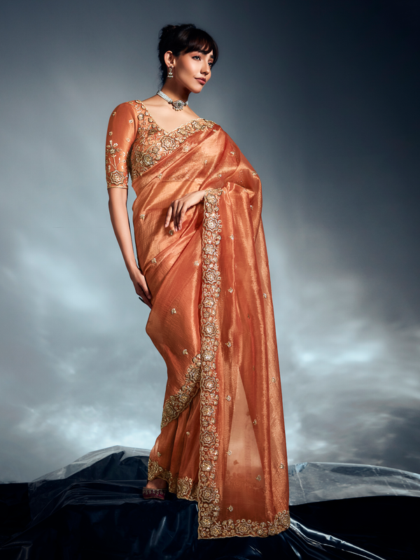 Copper Embroidered Designer Tissue Organza Silk Saree