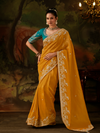 Mustard Yellow Embroidered Designer Tissue Silk Saree With Contrast Blouse