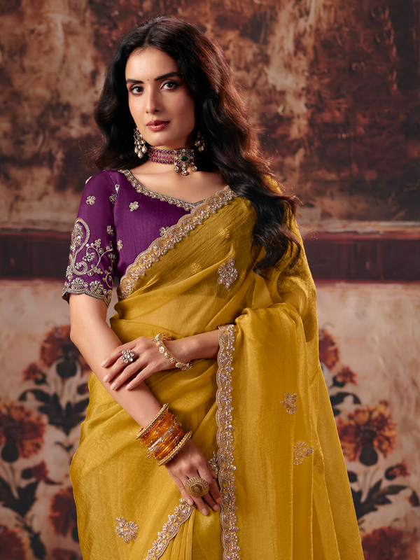 Mustard Yellow Embroidered Designer Organza Silk Saree With Contrast Blouse