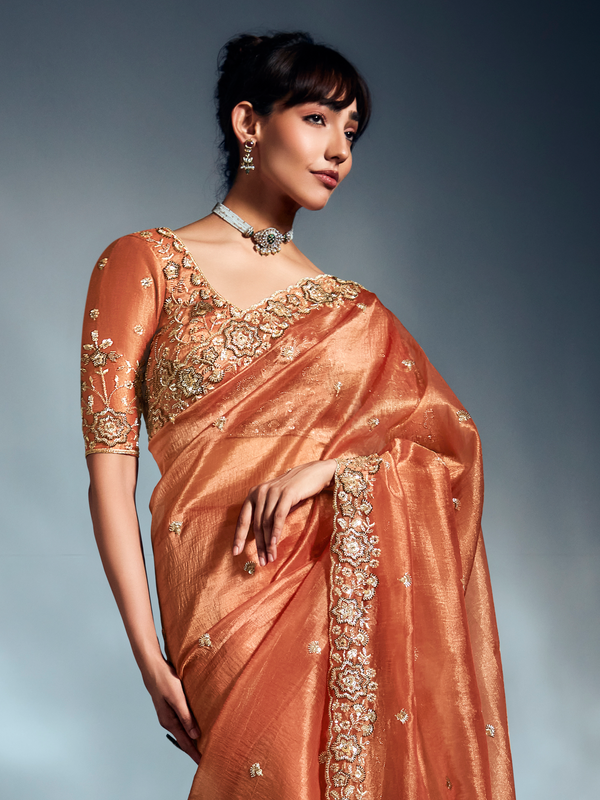 Copper Embroidered Designer Tissue Organza Silk Saree