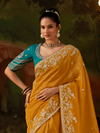 Mustard Yellow Embroidered Designer Tissue Silk Saree With Contrast Blouse