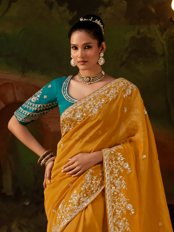 Mustard Yellow Embroidered Designer Tissue Silk Saree With Contrast Blouse