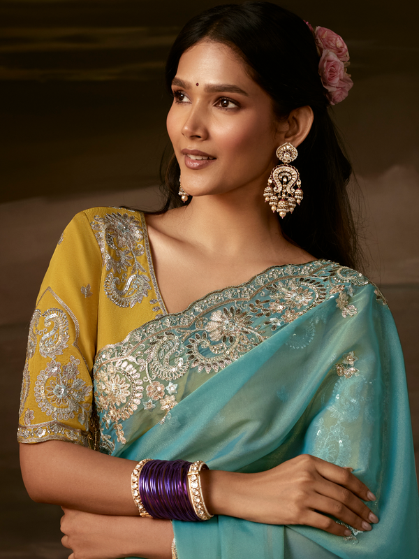 Aqua Blue Embroidered Designer Organza Silk Saree