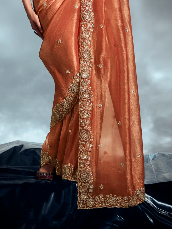 Copper Embroidered Designer Tissue Organza Silk Saree