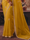 Mustard Yellow Embroidered Designer Organza Silk Saree With Contrast Blouse