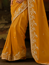 Mustard Yellow Embroidered Designer Tissue Silk Saree With Contrast Blouse