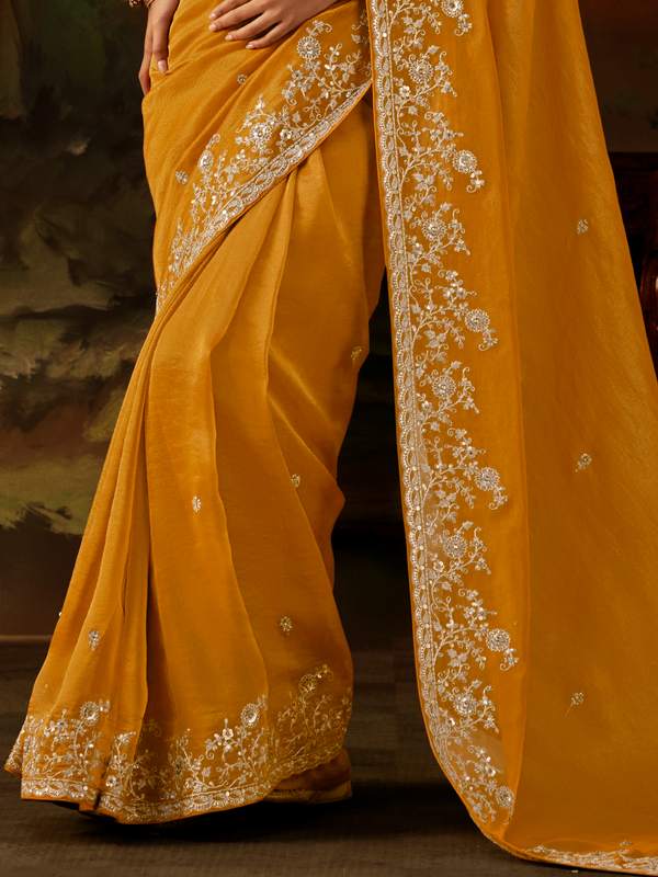 Mustard Yellow Embroidered Designer Tissue Silk Saree With Contrast Blouse