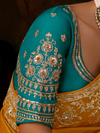 Mustard Yellow Embroidered Designer Tissue Silk Saree With Contrast Blouse