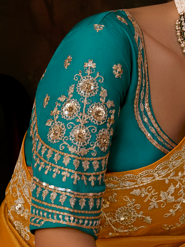 Mustard Yellow Embroidered Designer Tissue Silk Saree With Contrast Blouse