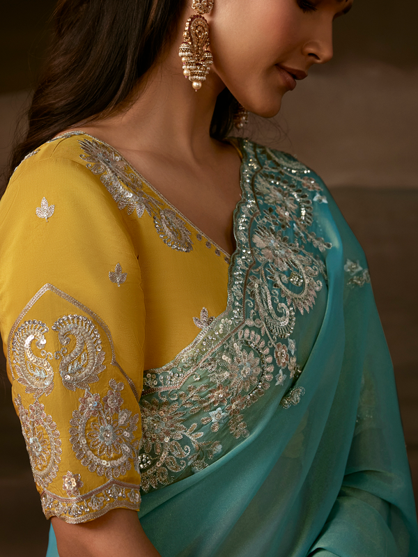 Aqua Blue Embroidered Designer Organza Silk Saree