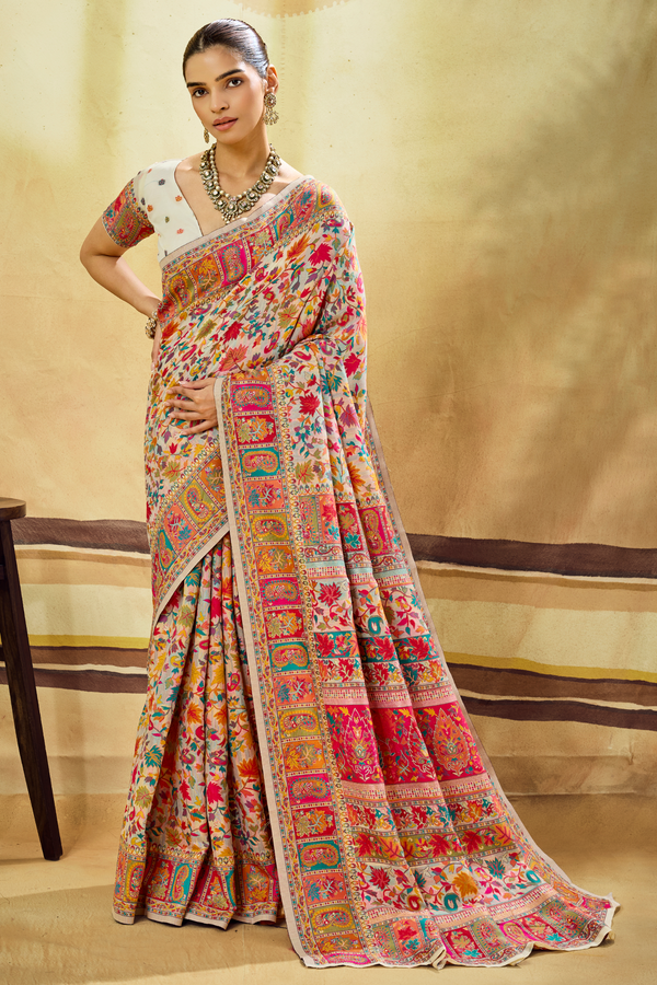 Ivory Cream Kashmiri Kani Handloom Cotton Silk Saree