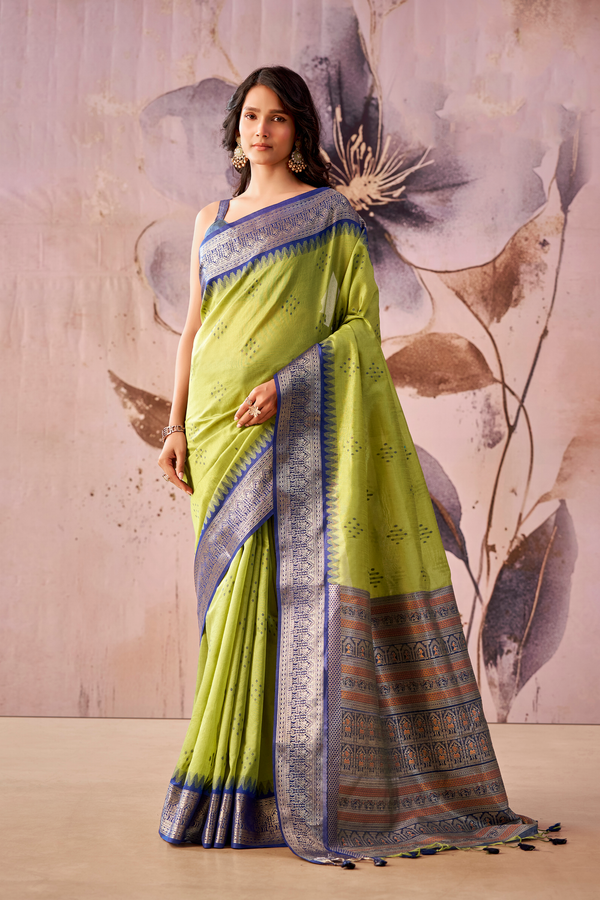 Lime Green Banarasi Cotton Silk Saree