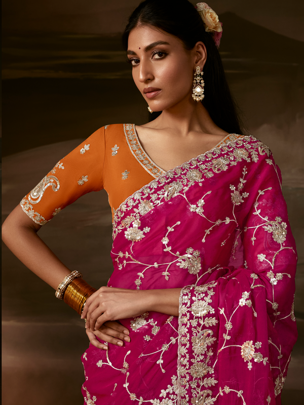 Magenta Pink Embroidered Designer Organza Silk Saree