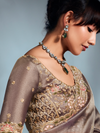 Mocha Brown Embroidered Designer Tissue Organza Silk Saree