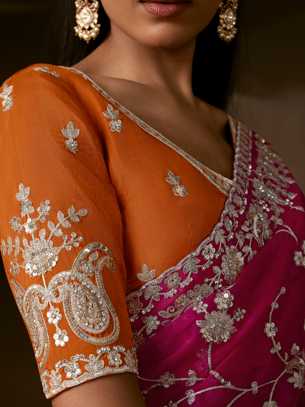 Magenta Pink Embroidered Designer Organza Silk Saree