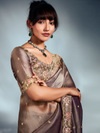 Mocha Brown Embroidered Designer Tissue Organza Silk Saree