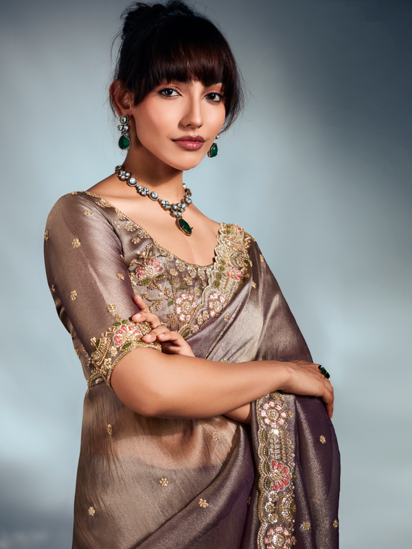 Mocha Brown Embroidered Designer Tissue Organza Silk Saree