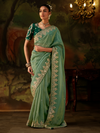 Sage Green Embroidered Designer Tissue Silk Saree With Contrast Blouse
