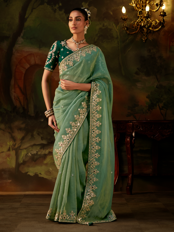 Sage Green Embroidered Designer Tissue Silk Saree With Contrast Blouse