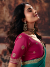Teal Green Embroidered Designer Satin Silk Saree With Contrast Blouse