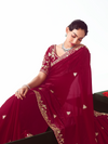 Crimson Red Embroidered Designer Satin Silk Saree