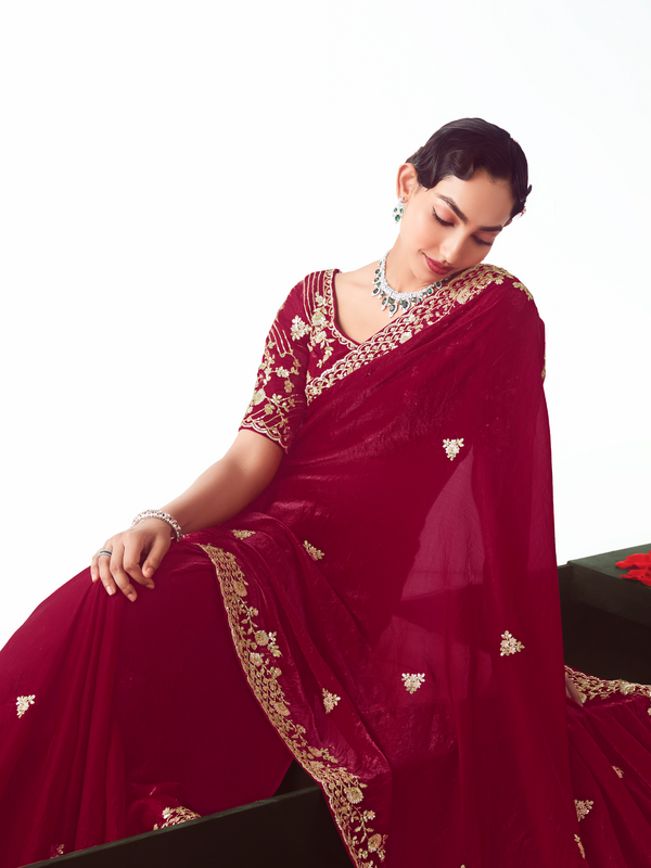 Crimson Red Embroidered Designer Satin Silk Saree