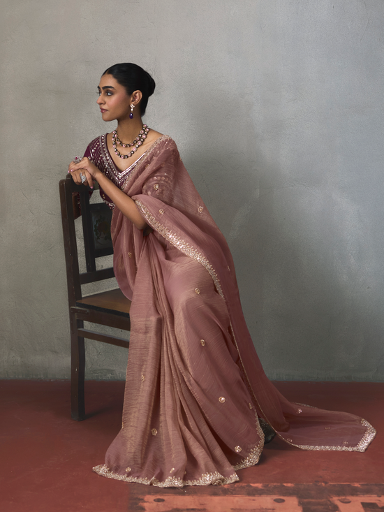 Onion Pink Designer Tissue Silk Saree With Contrast Blouse