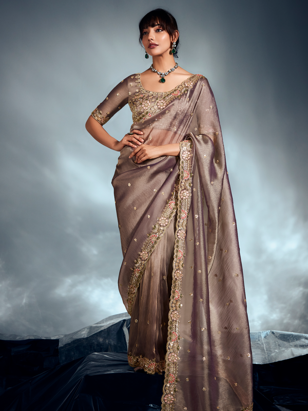 Mocha Brown Embroidered Designer Tissue Organza Silk Saree
