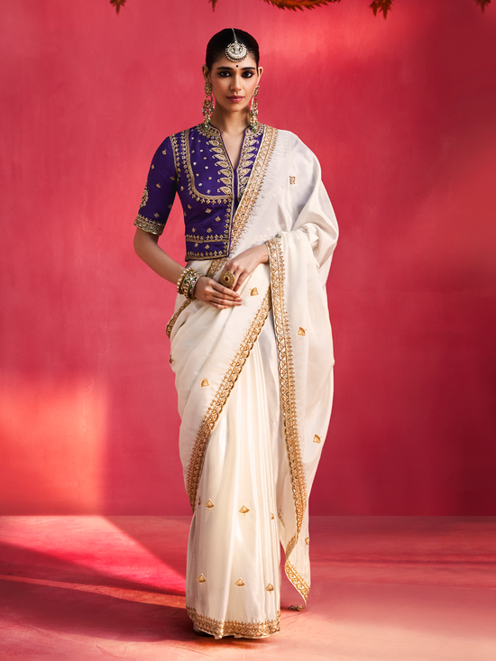 Ivory Embroidered Designer Satin Silk Saree With Contrast Blouse