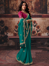 Teal Green Embroidered Designer Satin Silk Saree With Contrast Blouse