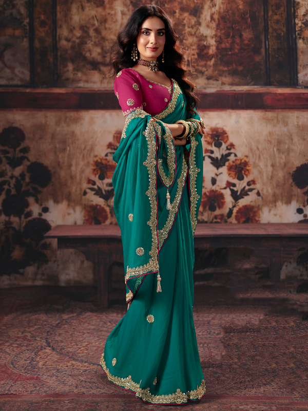 Teal Green Embroidered Designer Satin Silk Saree With Contrast Blouse