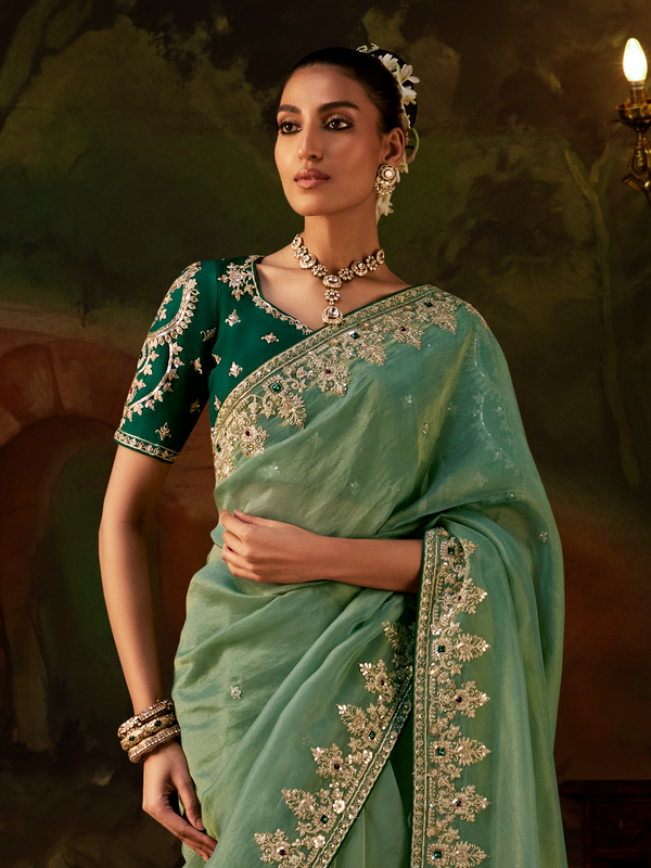 Sage Green Embroidered Designer Tissue Silk Saree With Contrast Blouse
