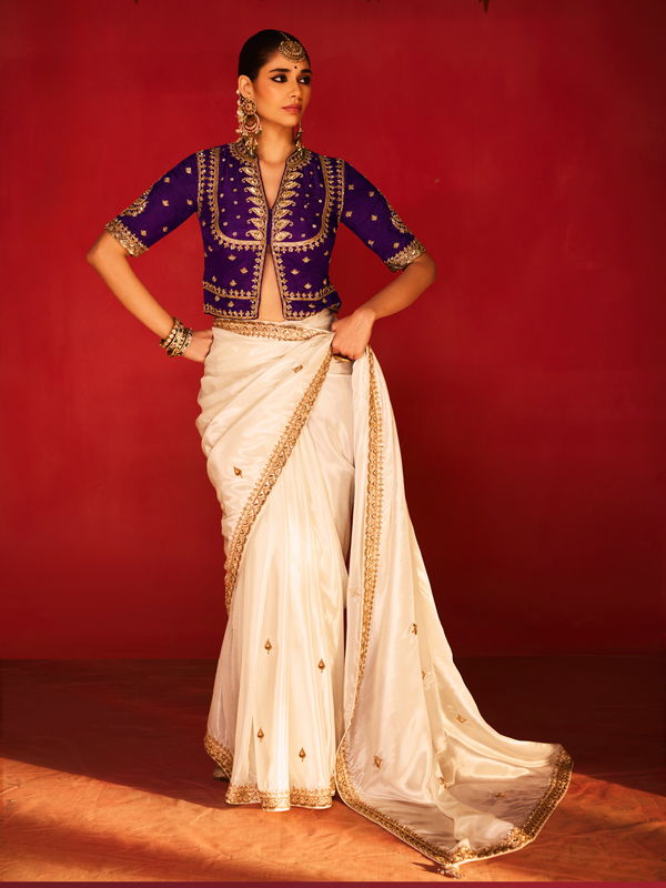 Ivory Embroidered Designer Satin Silk Saree With Contrast Blouse