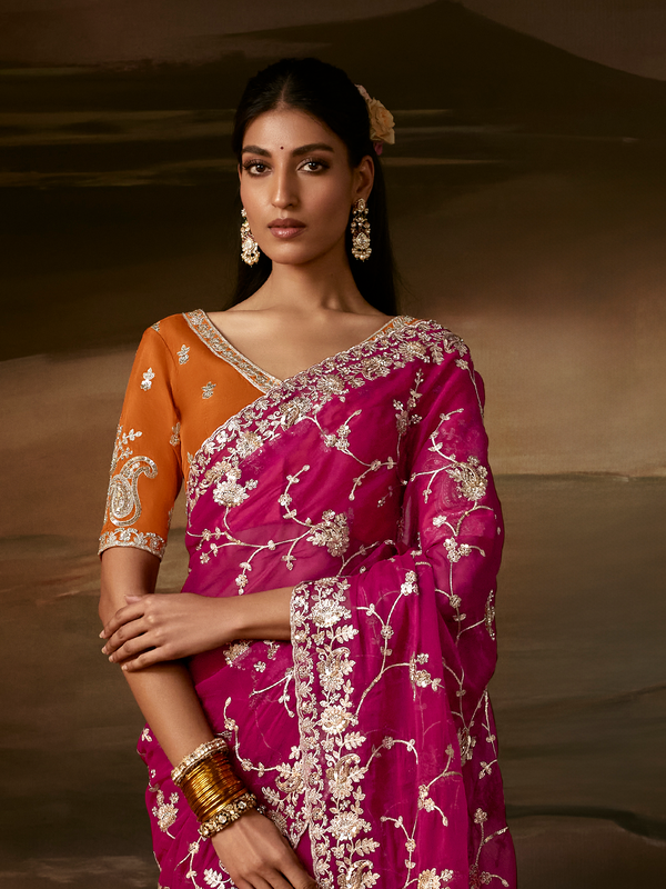 Magenta Pink Embroidered Designer Organza Silk Saree