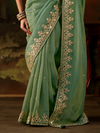Sage Green Embroidered Designer Tissue Silk Saree With Contrast Blouse