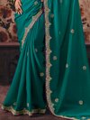 Teal Green Embroidered Designer Satin Silk Saree With Contrast Blouse