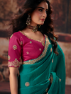 Teal Green Embroidered Designer Satin Silk Saree With Contrast Blouse