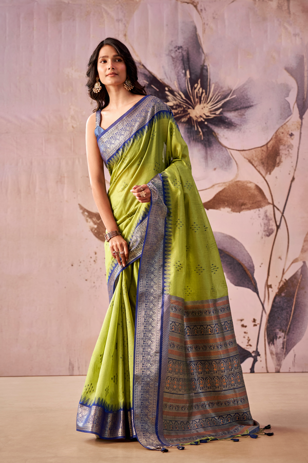 Lime Green Banarasi Cotton Silk Saree