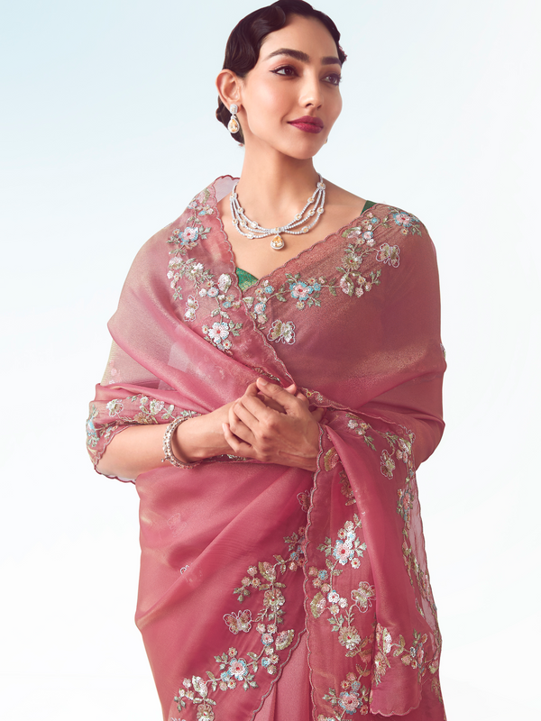 Rose Pink Embroidered Designer Organza Silk Saree With Contrast Blouse