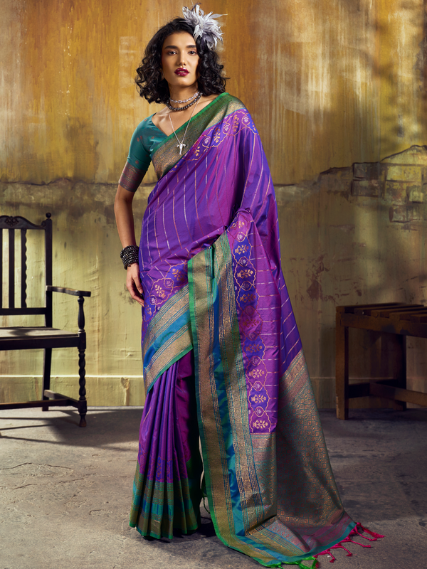 Violet Purple Kanjivaram Silk Saree With Contrast Blouse