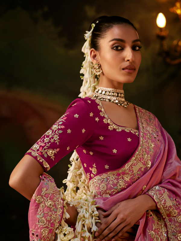 Rose Pink Embroidered Designer Tissue Silk Saree With Contrast Blouse