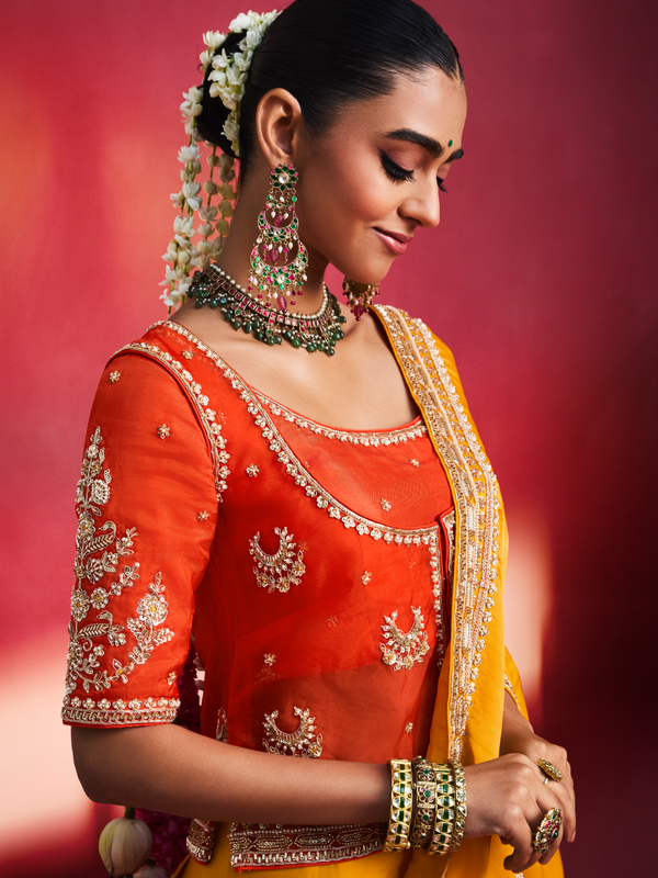 Marigold Yellow Embroidered Designer Satin Silk Saree With Contrast Blouse