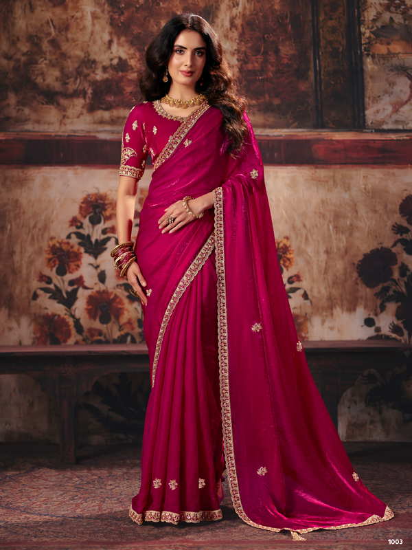 Rani Pink Embroidered Designer Satin Silk Saree