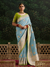 Powder Blue Designer Banarasi Dola Silk Saree With Golden Zari Work