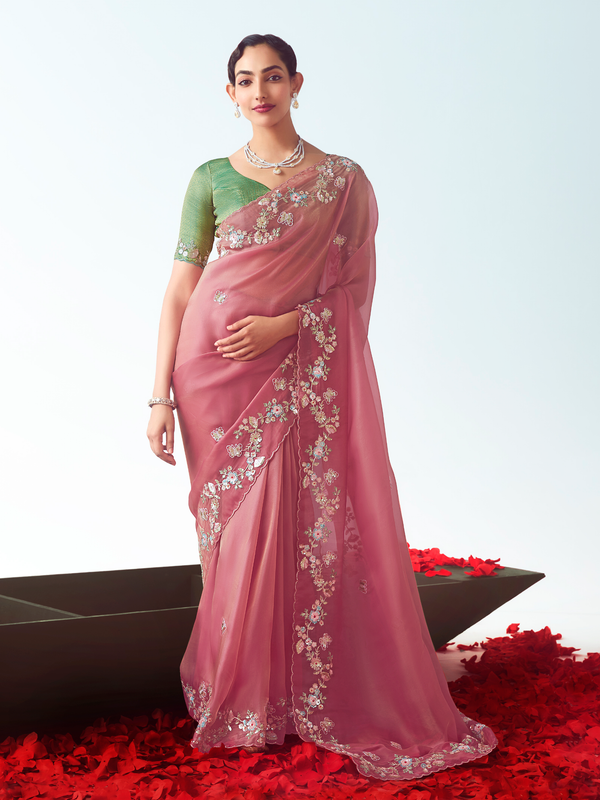 Rose Pink Embroidered Designer Organza Silk Saree With Contrast Blouse