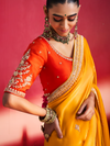 Marigold Yellow Embroidered Designer Satin Silk Saree With Contrast Blouse