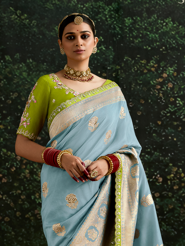 Powder Blue Designer Banarasi Dola Silk Saree With Golden Zari Work