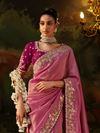 Rose Pink Embroidered Designer Tissue Silk Saree With Contrast Blouse