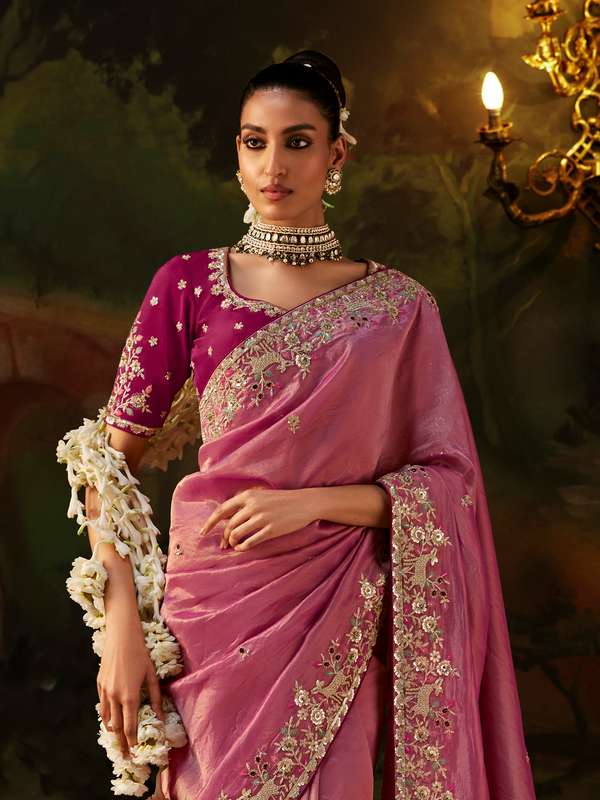Rose Pink Embroidered Designer Tissue Silk Saree With Contrast Blouse