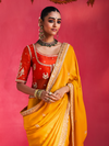 Marigold Yellow Embroidered Designer Satin Silk Saree With Contrast Blouse